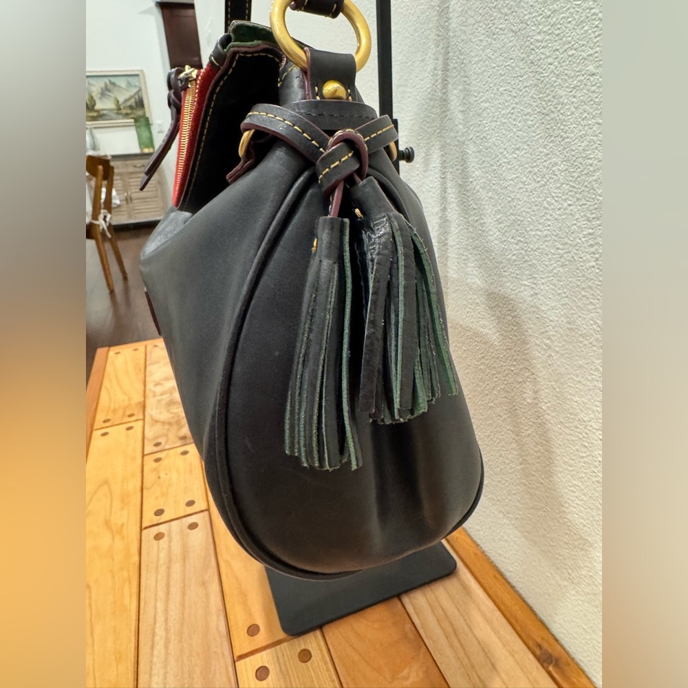 Dooney & Bourke Black Leather Hobo with Brown Trim and Red Accent - Picture 4 of 9